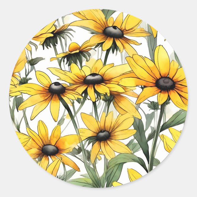 Yellow Black-Eyed Susan Floral Pattern Classic Round Sticker (Front)