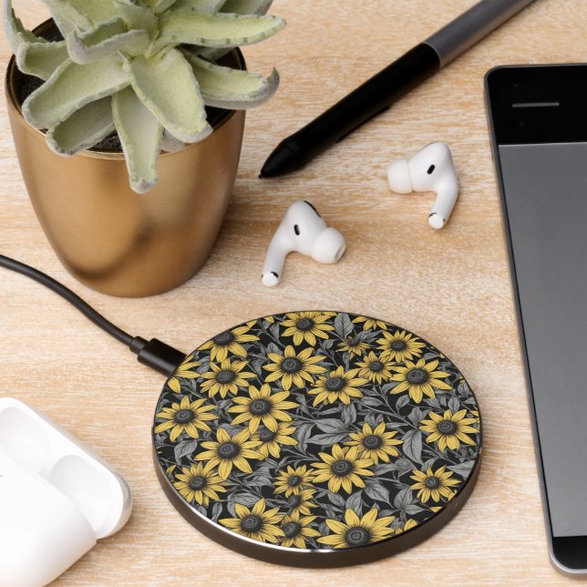 Yellow Black-Eyed Susan flower pattern Wireless Charger (Desk 2)