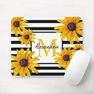 Yellow Black-Eyed Susan Monogram Black Stripe Mouse Pad
