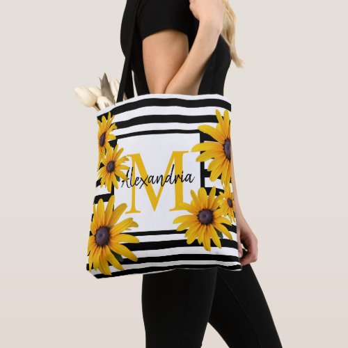 Yellow Black_Eyed Susan Monogram Black Stripe Tote Bag