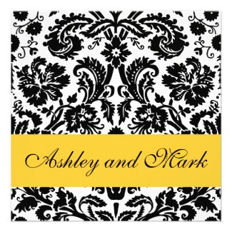 Yellow Black Floral Damask Wedding Invitations