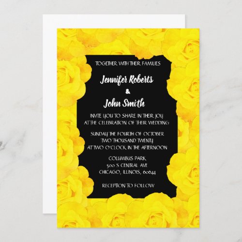 Yellow Black Floral QR Code Rose Flowers Wedding Invitation