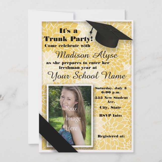 Yellow Black Floral Trunk College Party Photo Invitation (Front)
