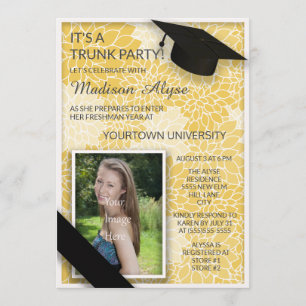 Yellow Black Floral Trunk College Party Photo Invitation