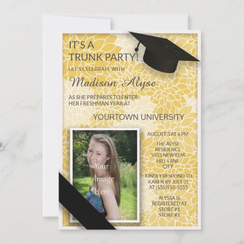 Yellow Black Floral Trunk College Party Photo Invitation