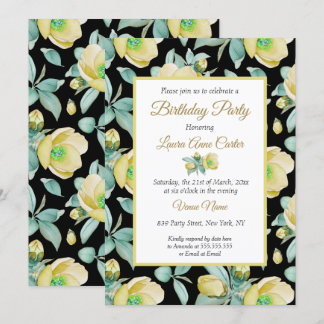 Yellow Black Floral Watercolor Birthday Party Invitation