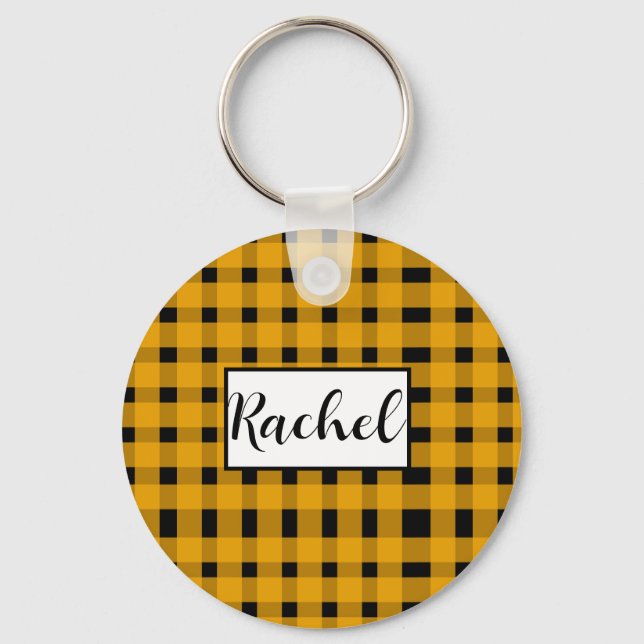 Yellow Black Gingham Personalized Keychain (Front)