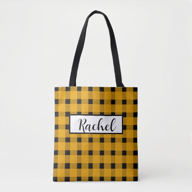 Yellow Black Gingham Personalized Tote Bag (Front)