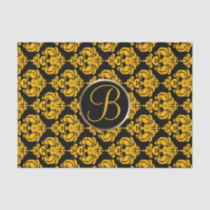Yellow & Black Glam Damask Monogram Letter Initial Tissue Paper