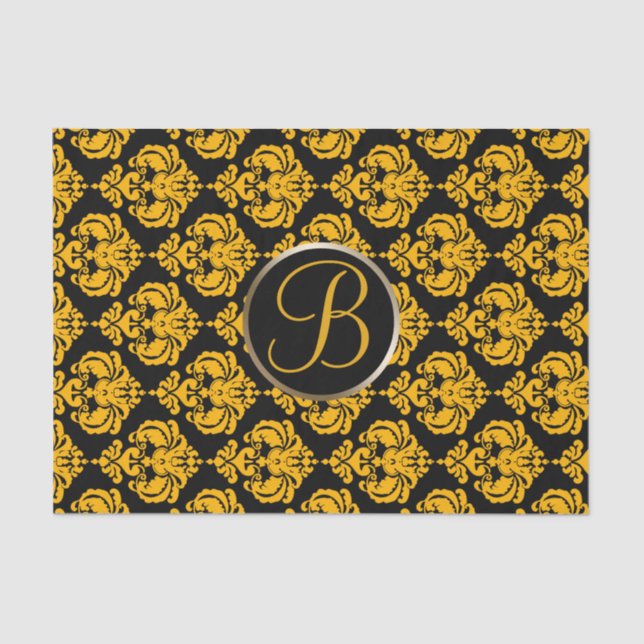 Yellow & Black Glam Damask Monogram Letter Initial Tissue Paper (Front)