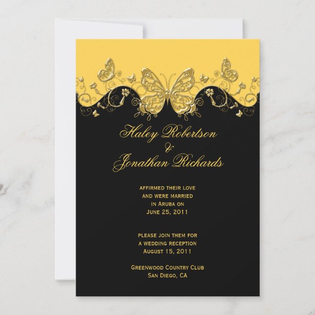 Yellow Black Gold Butterflies Post Wedding Invitation (Front)
