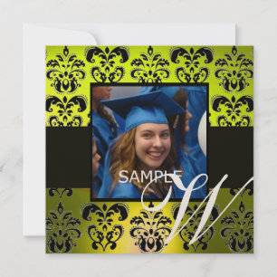 YELLOW BLACK GRADUATION DAMASK MONOGRAM champagne Invitation