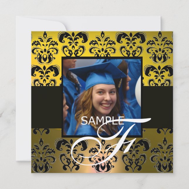 YELLOW BLACK GRADUATION DAMASK  MONOGRAM champagne Invitation (Front)