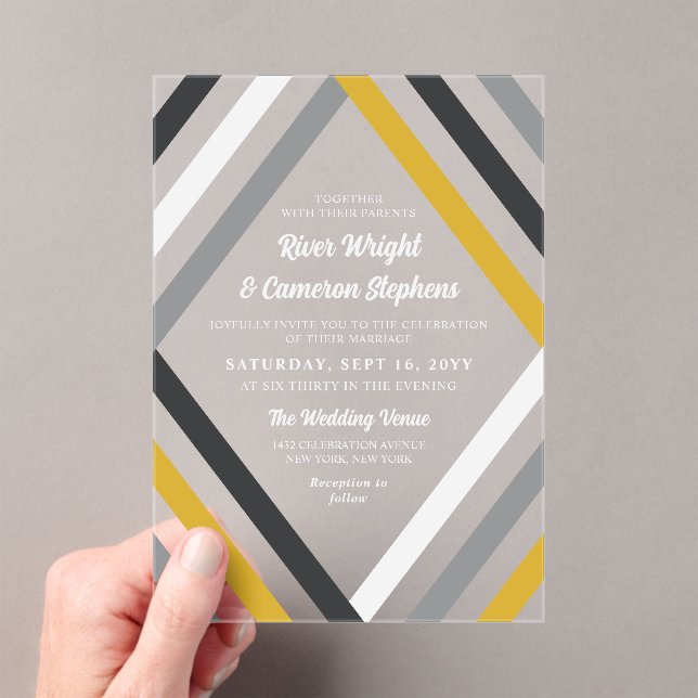Yellow Black Gray Diamond Stripes Modern Wedding Acrylic Invitations (Insitu (Handheld))
