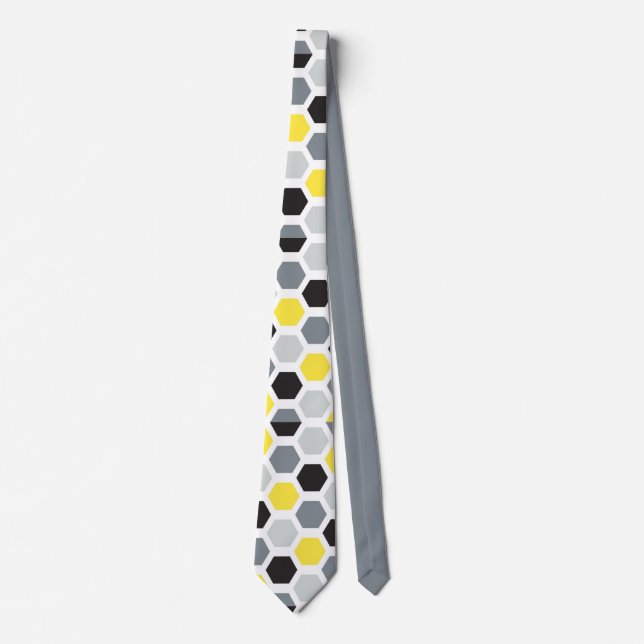 Yellow, Black & Gray Hexagon Pattern Men's Neck Tie (Front)