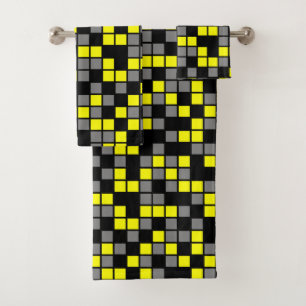 Yellow, Black, Gray Random Mosaic Squares Bath Towel Set