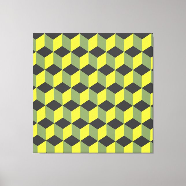 Yellow Black Grey Isometric Cube Pattern Canvas Print (Front)