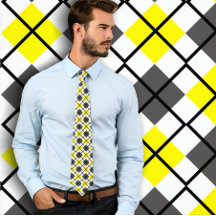Yellow, Black, Grey on White Argyle Print Necktie