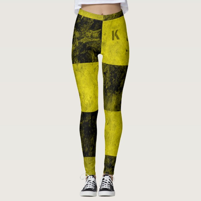 Yellow Black Grunge Tiles Monogram Personalized Leggings (Front)