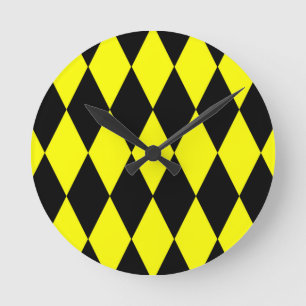 Yellow Black Harlequin Diamonds Checkers Design  Round Clock