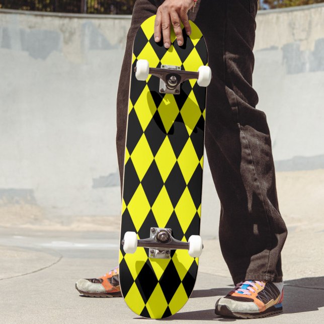 Yellow Black Harlequin Diamonds Checkers Design  Skateboard (Creator Uploaded)
