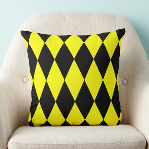 Yellow Black Harlequin Diamonds Checkers Design Throw Pillow