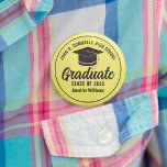 Yellow Black High School Graduate Custom Name Tag Button<br><div class="desc">This modern yellow and black custom senior graduate button features classy white typography of your high school or college name for the class of 2024. Customize with your graduating year under the chic black handwritten script and black grad cap for a great personalized graduation name tag for a party or...</div>
