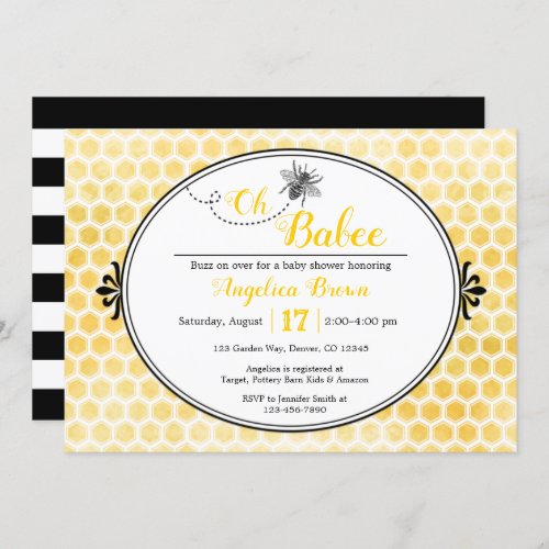 yellow black honeycomb stripe Oh Babee baby shower Invitation