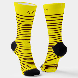 Yellow Black Horizontal Lines Striped Custom Name Socks