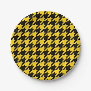 Yellow Black Houndstooth Check Paper Plates