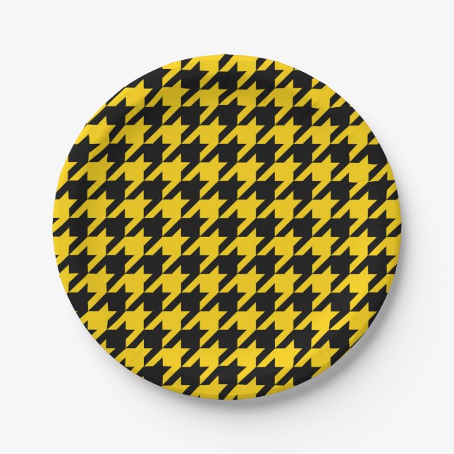 Yellow Black Houndstooth Check Paper Plates (Front)