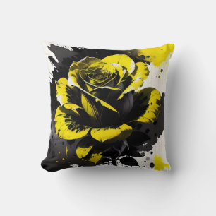 Yellow Black Ink Rose Throw Pillow
