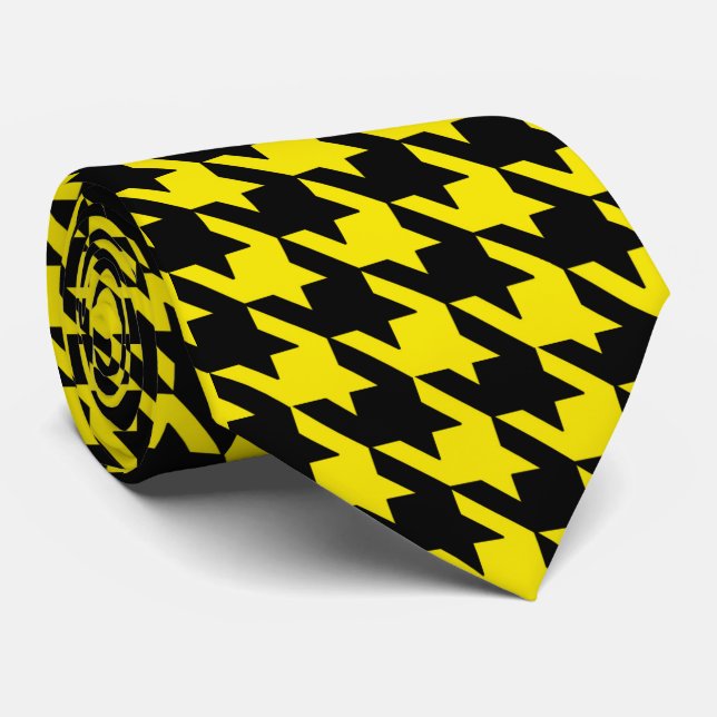 Yellow & Black Large Houndstooth Check Neck Tie (Rolled)