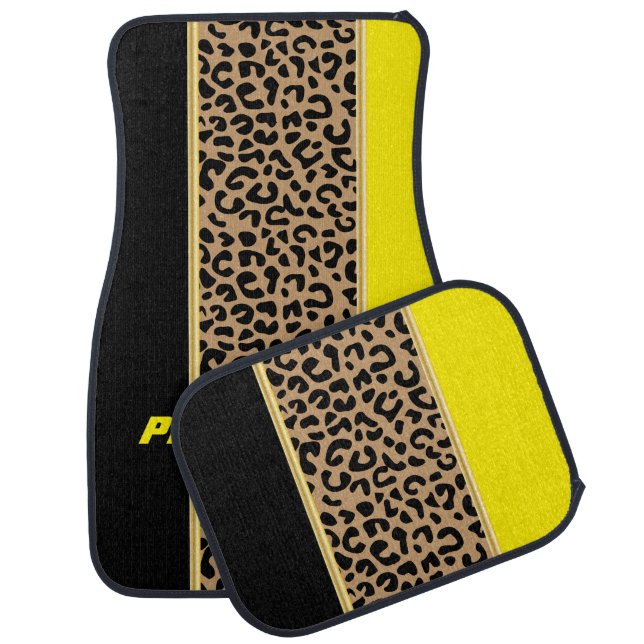 Yellow & Black Leopard Animal Print Car Floor Mat (Set)