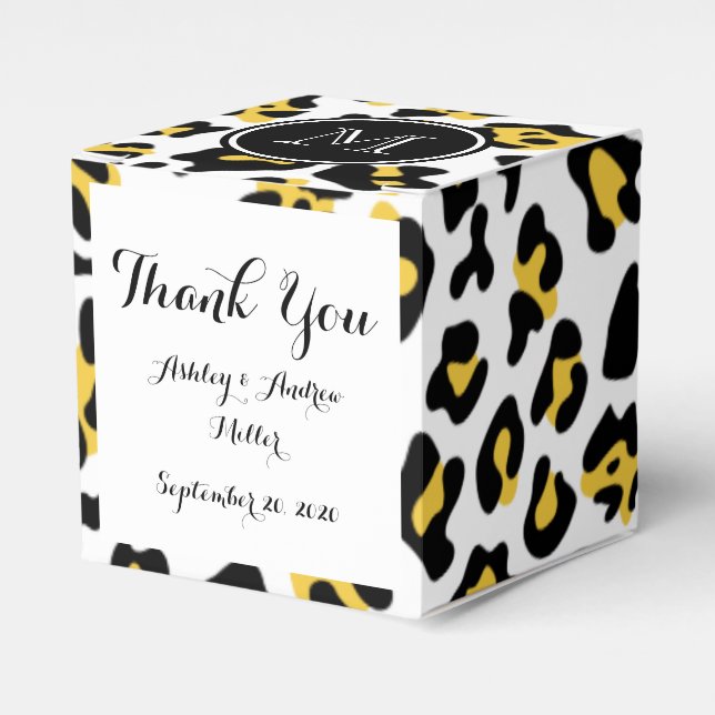 Yellow Black Leopard Animal Print with Monogram Favor Boxes (Front Side)