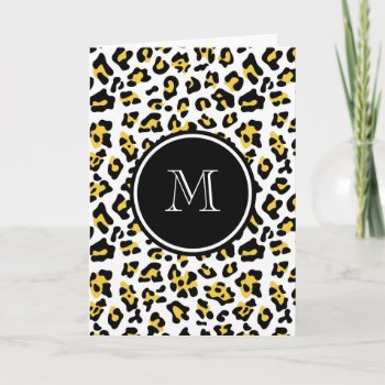 Yellow Black Leopard Animal Print With Monogram Note Card by GraphicsByMimi at Zazzle