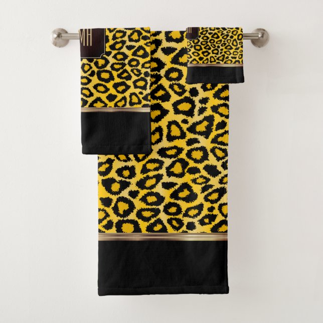 Yellow & Black Leopard Pattern with Monogram Bath Towel Set (Insitu)