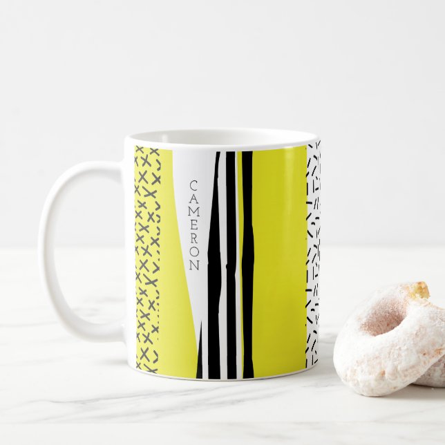 Yellow & Black Mix Geometric Pattern Coffee Mug (With Donut)