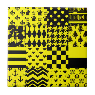 Yellow Black Mixed Patterns Patchwork Design Ceramic Tile