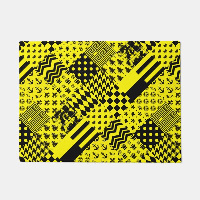 Yellow Black Mixed Patterns Patchwork Design  Doormat (Front)