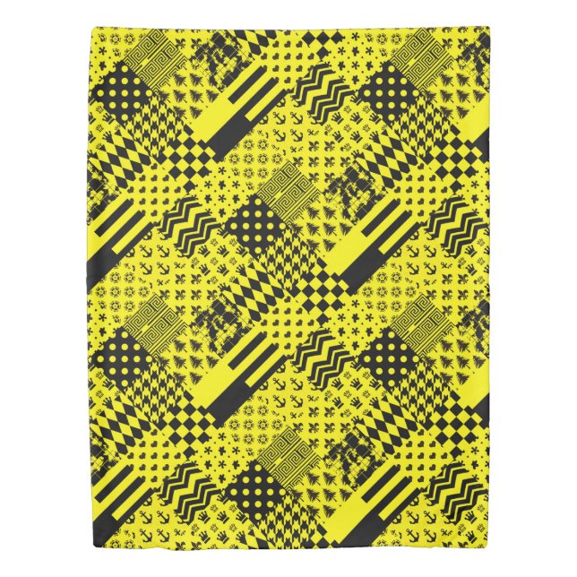 Yellow Black Mixed Patterns Patchwork Design  Duvet Cover (Front)