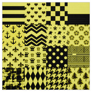 Yellow Black Mixed Patterns Patchwork Design  Fabric