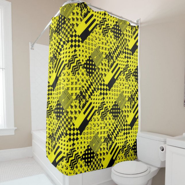 Yellow Black Mixed Patterns Patchwork Design  Shower Curtain (Creator Uploaded)
