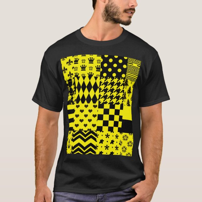 Yellow Black Mixed Patterns Patchwork Design  T-Shirt (Front)