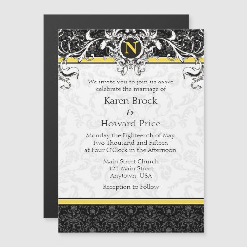 Yellow Black Monogram Magnetic Wedding Invitation