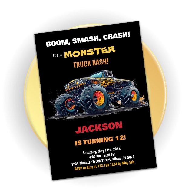 Yellow Black Monster Truck Birthday Invitations (Yellow Monster Truck Birthday Invitations)
