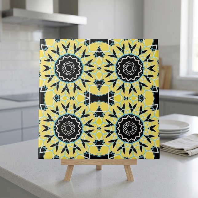 Yellow Black Mosaic Geometric Mandala Pattern Ceramic Tile (Creator Uploaded)