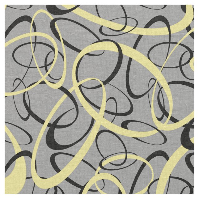 Yellow Black on Gray Retro Ovals Pattern Fabric (Close Up)