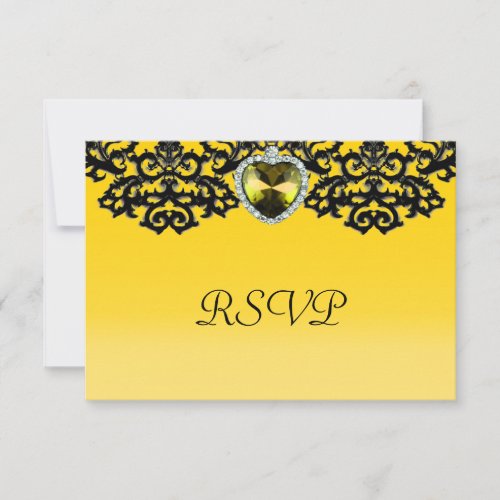 Yellow &amp; Black Ornate Heart Pendant Wedding RSVP Card