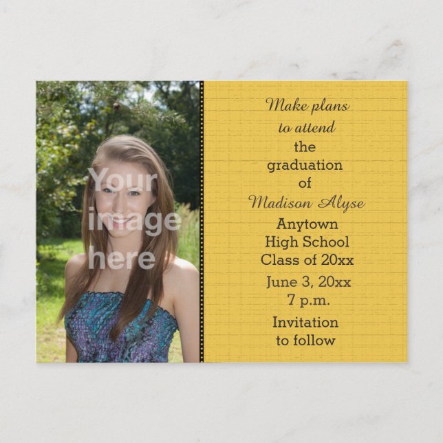 Yellow Black Photo Graduation Save the Date Card (Front)